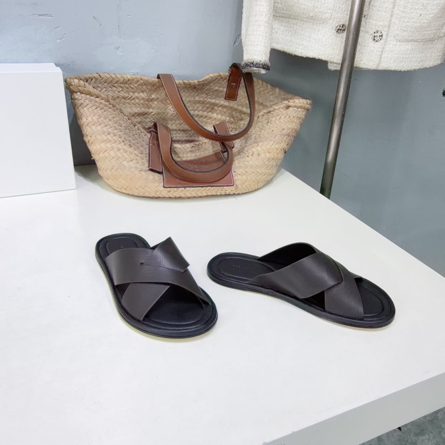 THE ROW 26S SLIDES SANDALS IN DARK BROWN CALFKIN