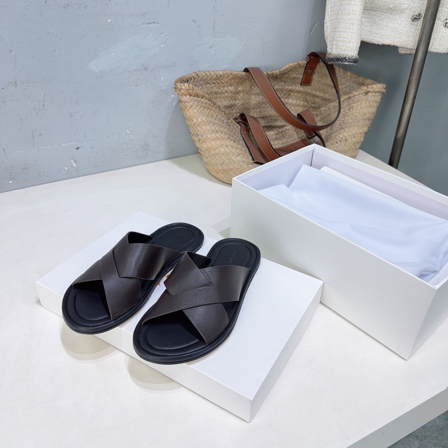 THE ROW 26S SLIDES SANDALS IN DARK BROWN CALFKIN