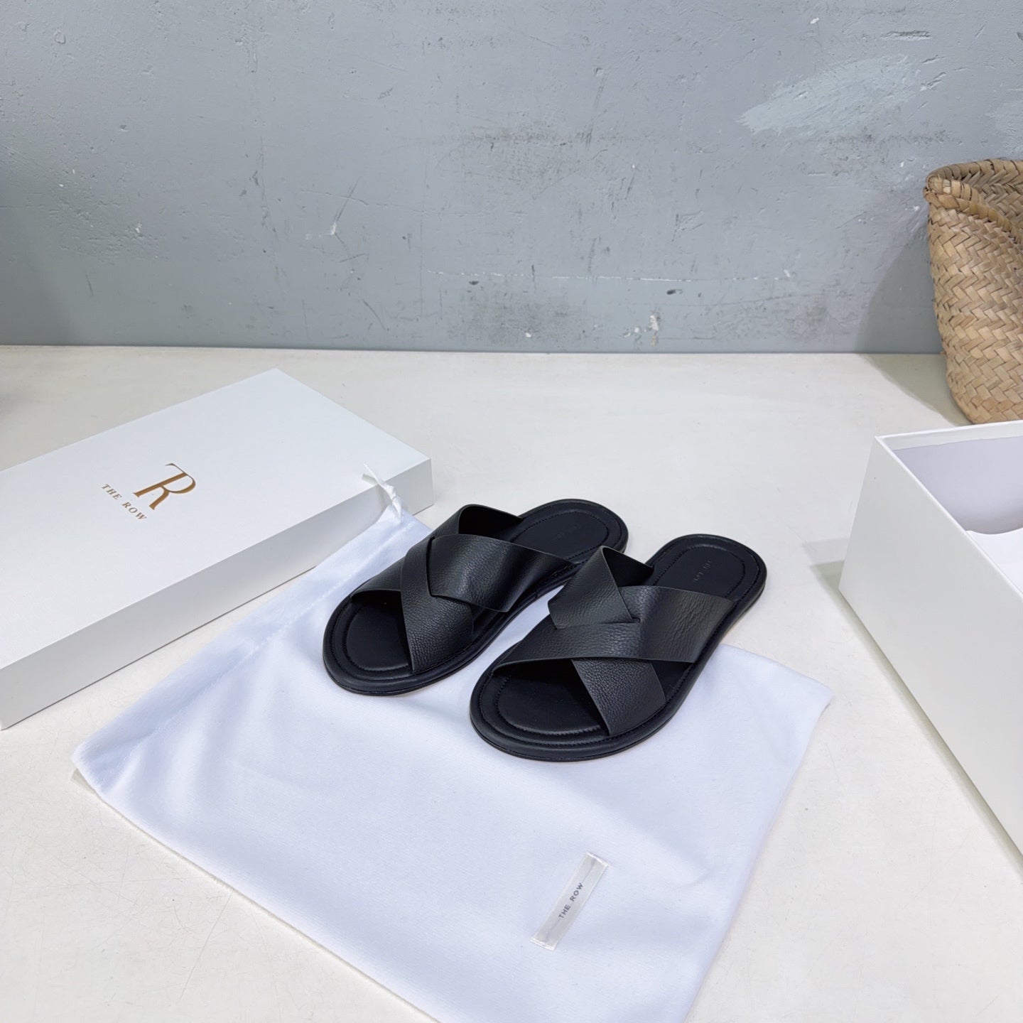 THE ROW 26S SLIDES SANDALS IN BLACK CALFKIN
