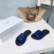 THE ROW 26S SLIDES SANDALS IN BLUE MINK FUR AND BLACK CALFSKIN