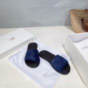 THE ROW 26S SLIDES SANDALS IN BLUE MINK FUR AND BLACK CALFSKIN
