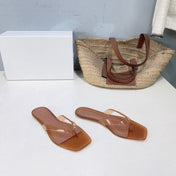 THE ROW 26S SQUARE TOE THONG SANDALS IN TRANSLUCENT BROWN PVC WITH SILVER FOOTBED