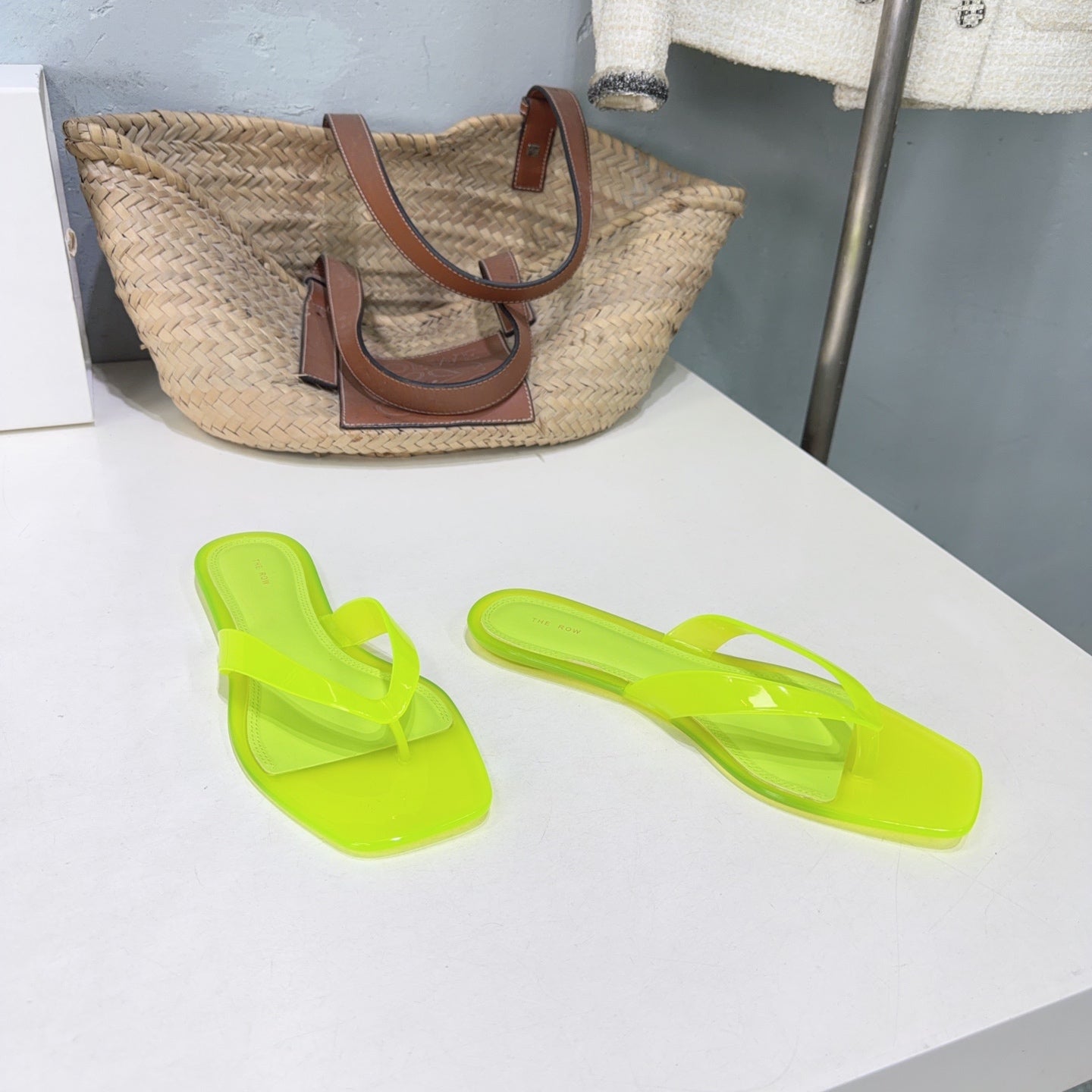 THE ROW 26S SQUARE TOE THONG SANDALS IN TRANSLUCENT YELLOW PVC WITH SILVER FOOTBED
