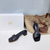 THE ROW 26S SQUARE TOE SLIDE SANDALS 45MM IN BLACK CALFSKIN