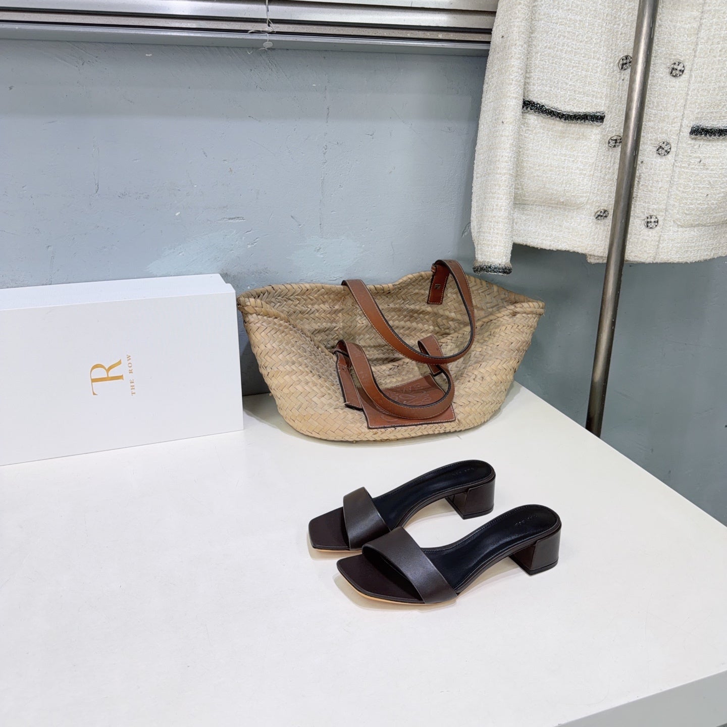 THE ROW 26S SQUARE TOE SLIDE SANDALS 45MM IN DARK BROWN CALFSKIN