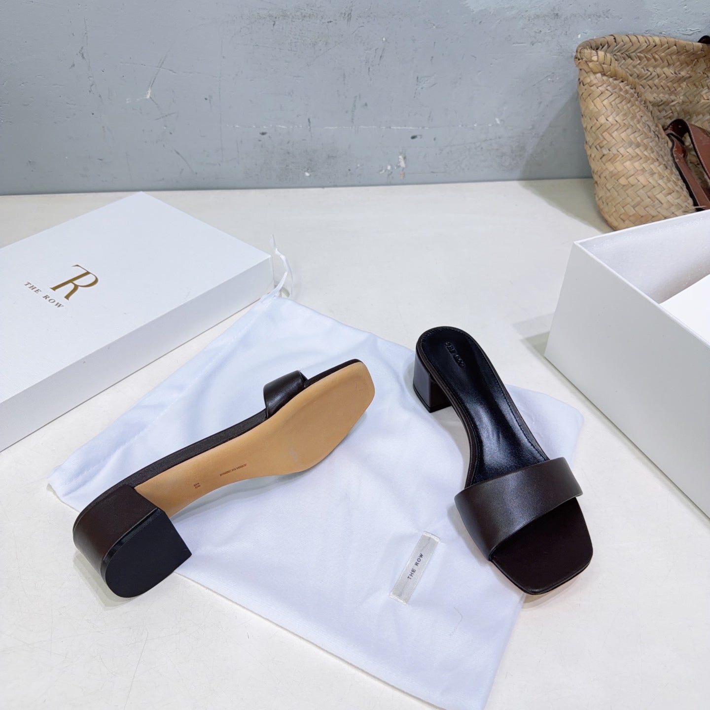 THE ROW 26S SQUARE TOE SLIDE SANDALS 45MM IN DARK BROWN CALFSKIN