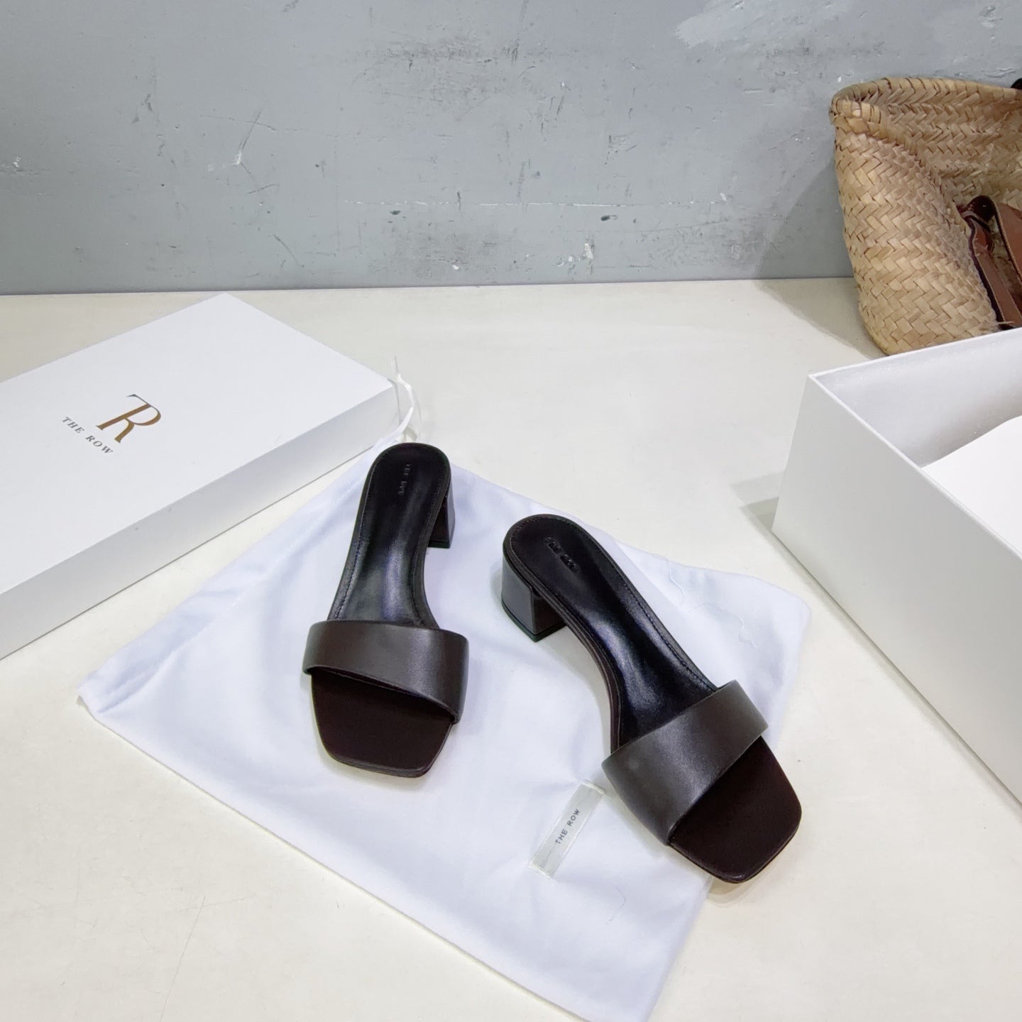 THE ROW 26S SQUARE TOE SLIDE SANDALS 45MM IN DARK BROWN CALFSKIN