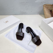 THE ROW 26S SQUARE TOE SLIDE SANDALS 45MM IN DARK BROWN CALFSKIN