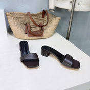 THE ROW 26S SQUARE TOE SLIDE SANDALS 45MM IN DARK BROWN CALFSKIN