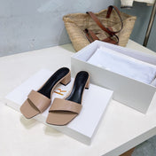 THE ROW 26S SQUARE TOE SLIDE SANDALS 45MM IN NUDE BEIGE CALFSKIN