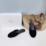 THE ROW 26S ROUND TOE MULE FLATS IN BLACK SUEDE