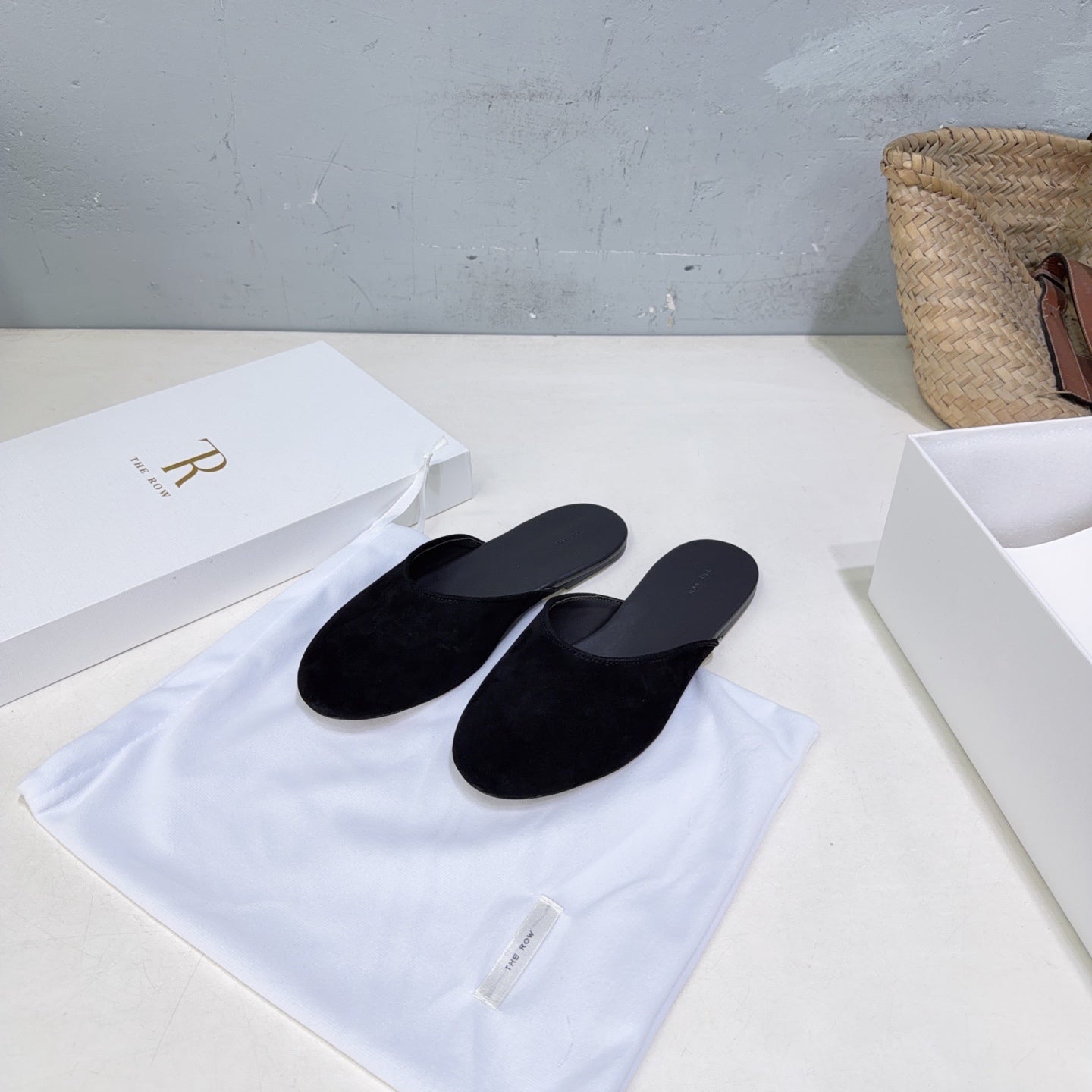 THE ROW 26S ROUND TOE MULE FLATS IN BLACK SUEDE