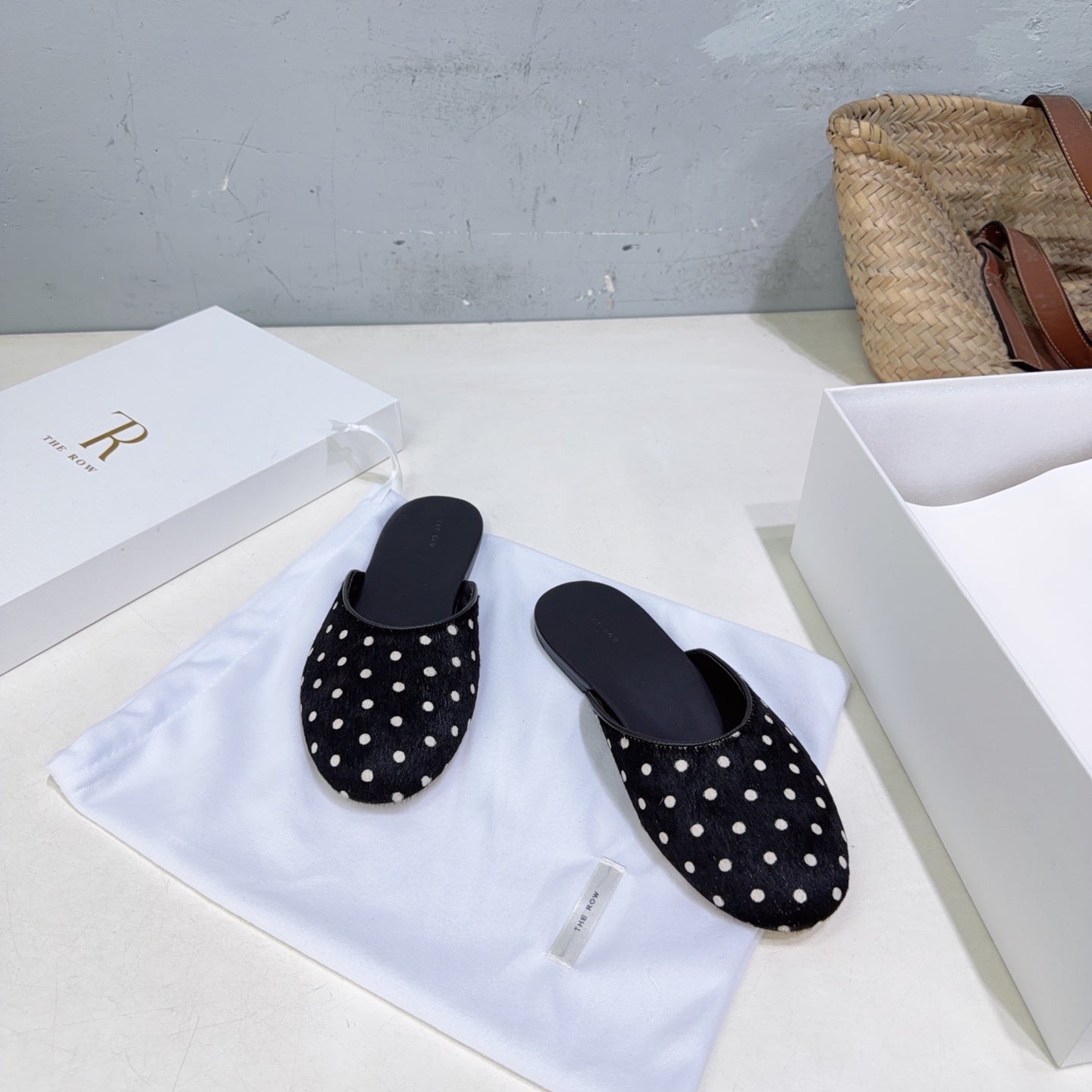 THE ROW 26S ROUND TOE MULE FLATS IN BLACK POLKA DOT CALF HAIR CALFSKIN