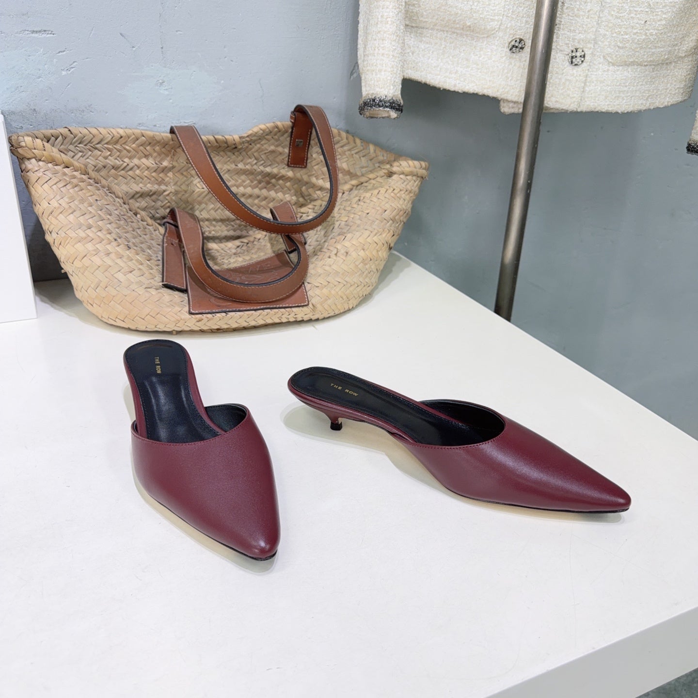 THE ROW 26S POINTED TOE MULE HEELS 35MM IN BURGUNDY RED CALFSKIN