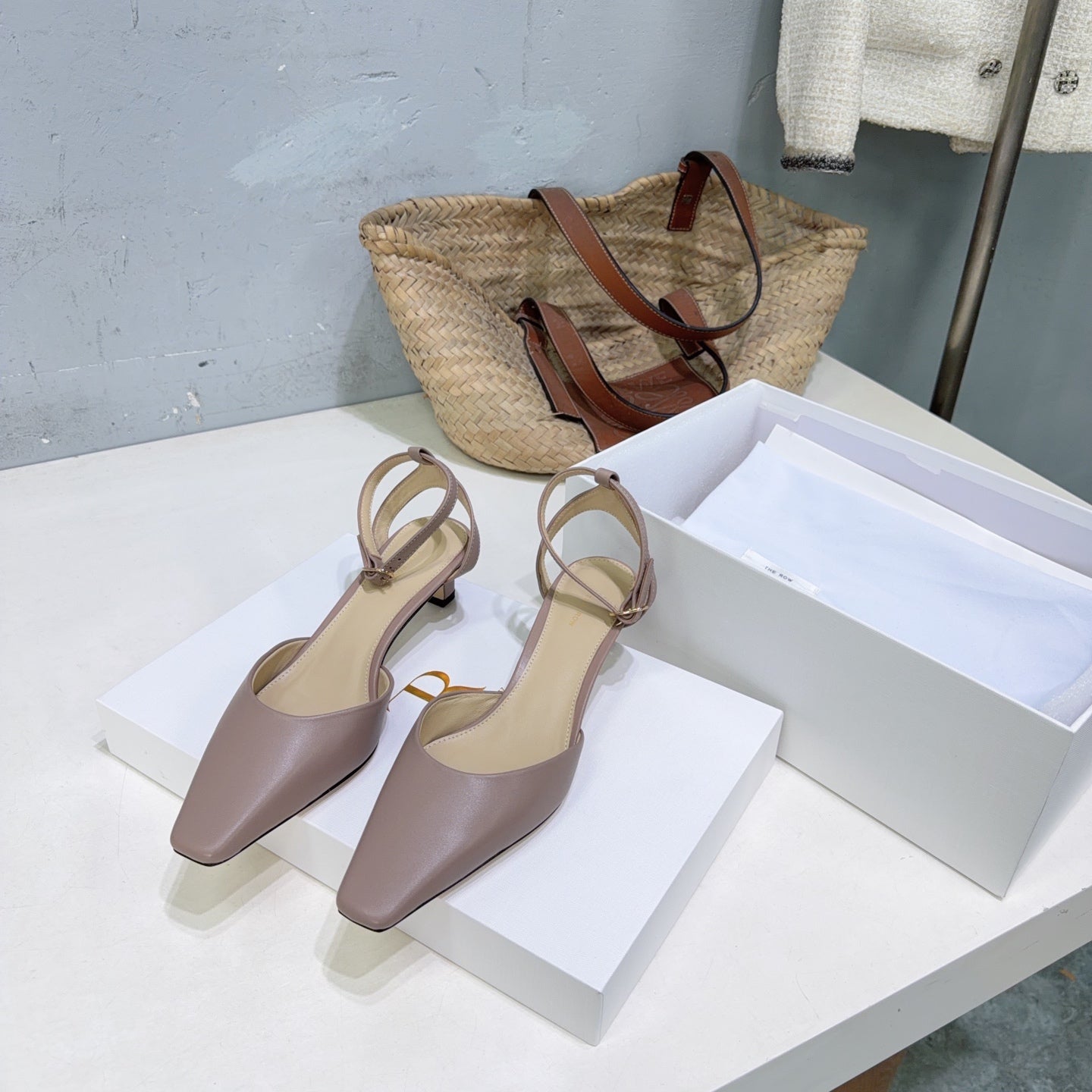 THE ROW 26S SQUARE TOE SLINGBACK HEELS 45MM IN MUTED TAUPE PINK CALFSKIN