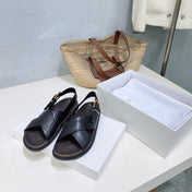 THE ROW 26S CROSS STRAP SANDALS IN BLACK CALFSKIN