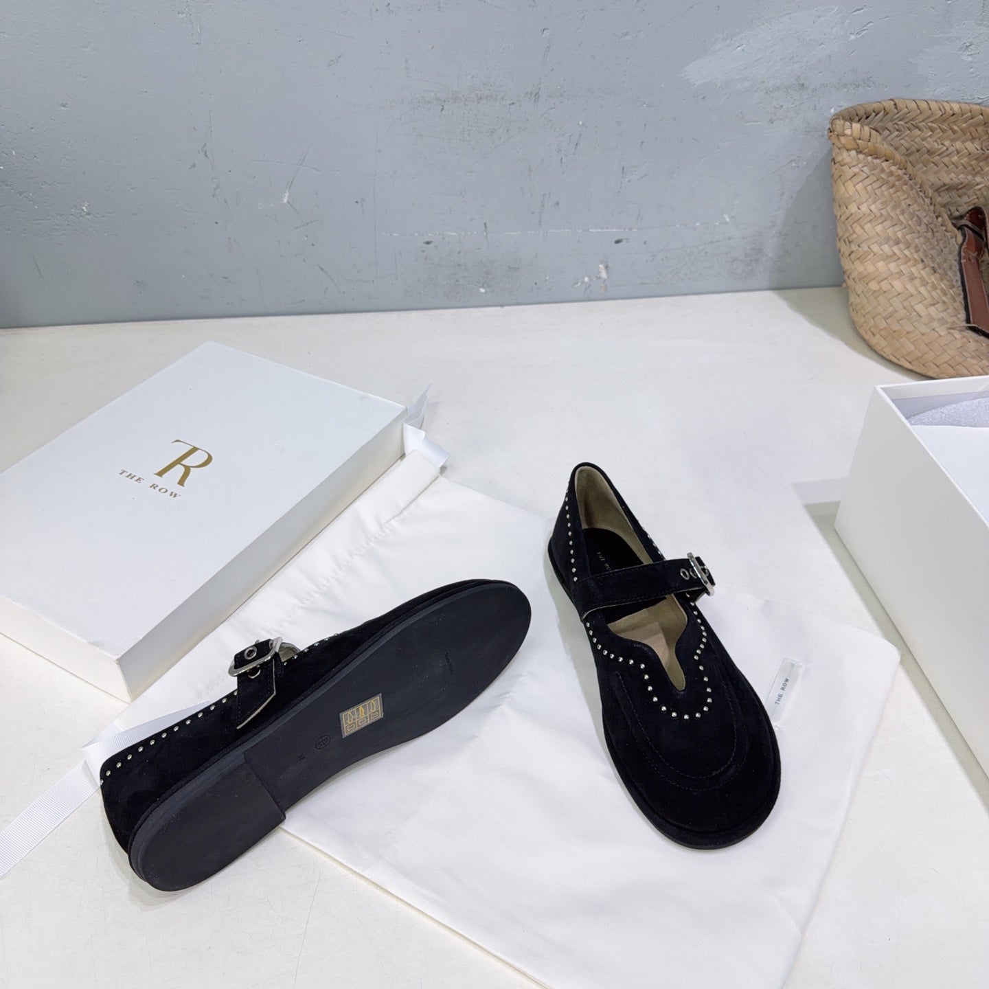 THE ROW 26S MARY JANE FLATS IN BLACK SUEDE SILVER HARDWARE