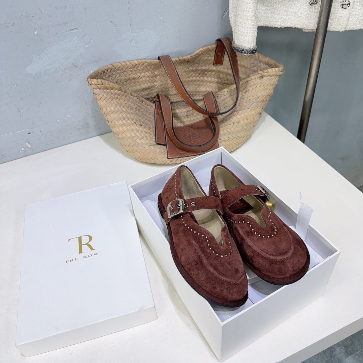 THE ROW 26S MARY JANE FLATS IN DARK BROWN SUEDE SILVER HARDWARE