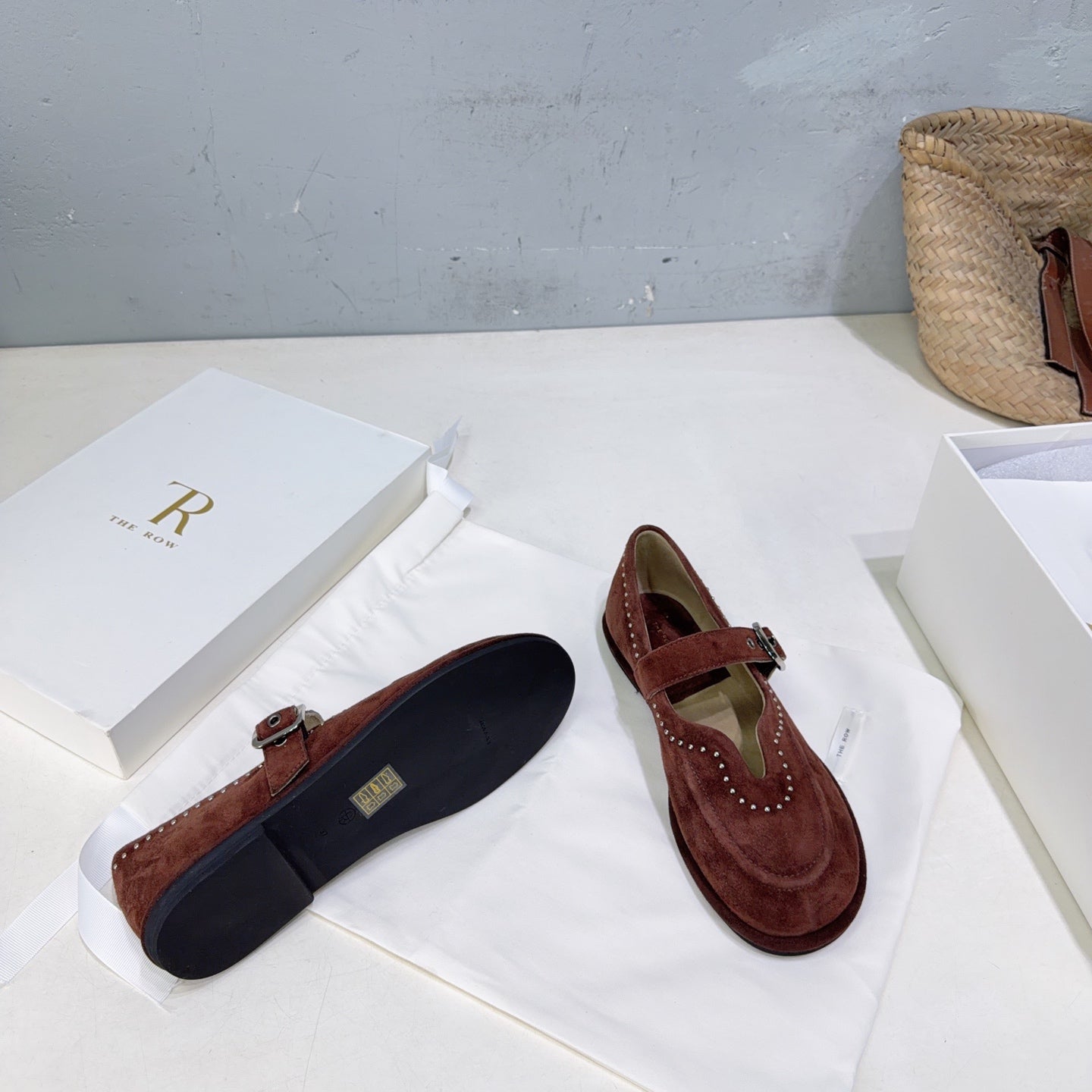 THE ROW 26S MARY JANE FLATS IN DARK BROWN SUEDE SILVER HARDWARE
