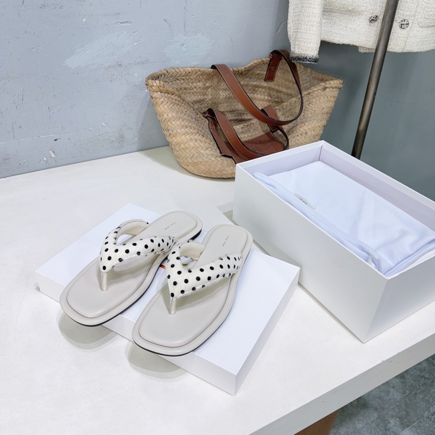 THE ROW 26S THONG SANDALS IN IVORY WHITE CALFSKIN & POLKA DOT CALF HAIR STRAPS