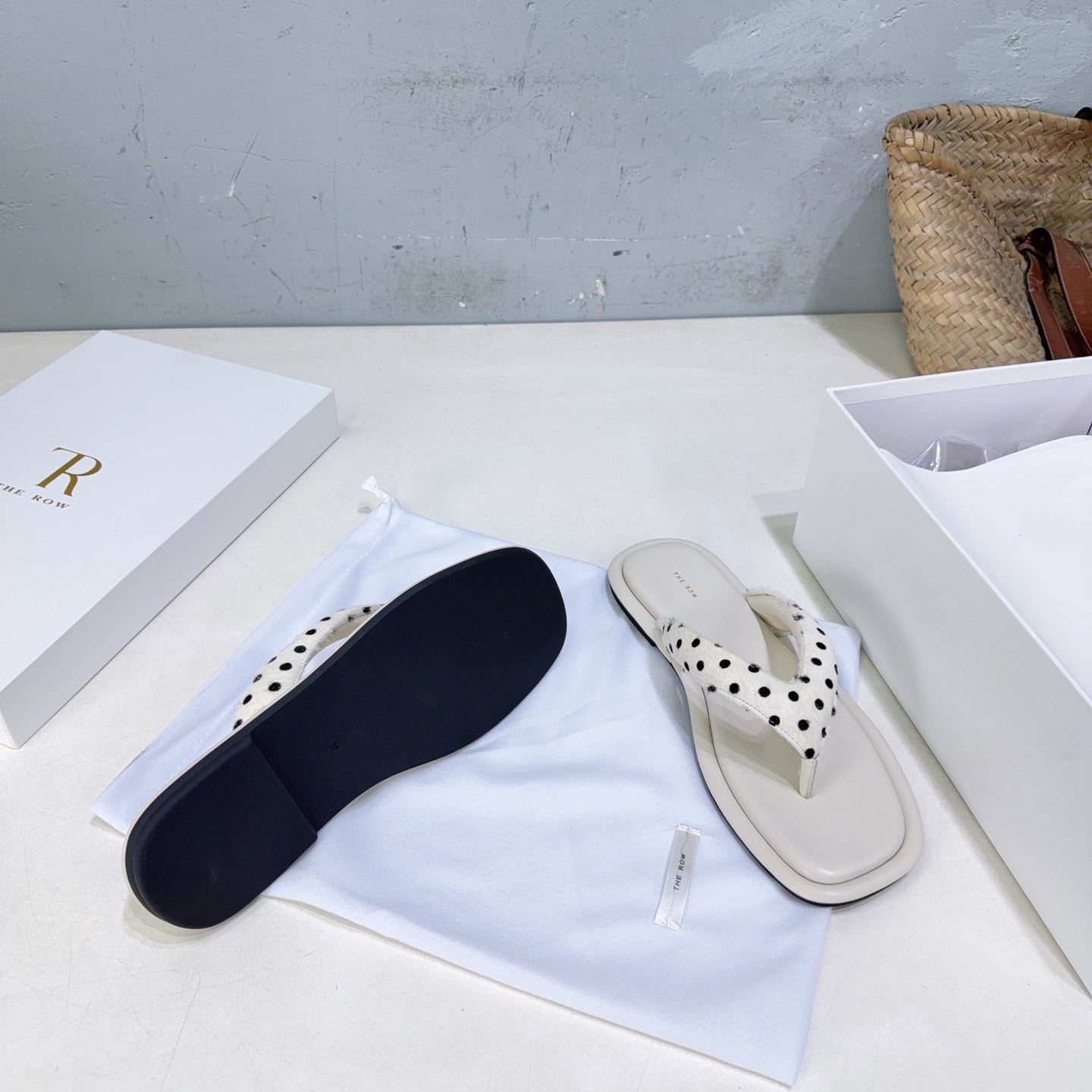 THE ROW 26S THONG SANDALS IN IVORY WHITE CALFSKIN & POLKA DOT CALF HAIR STRAPS