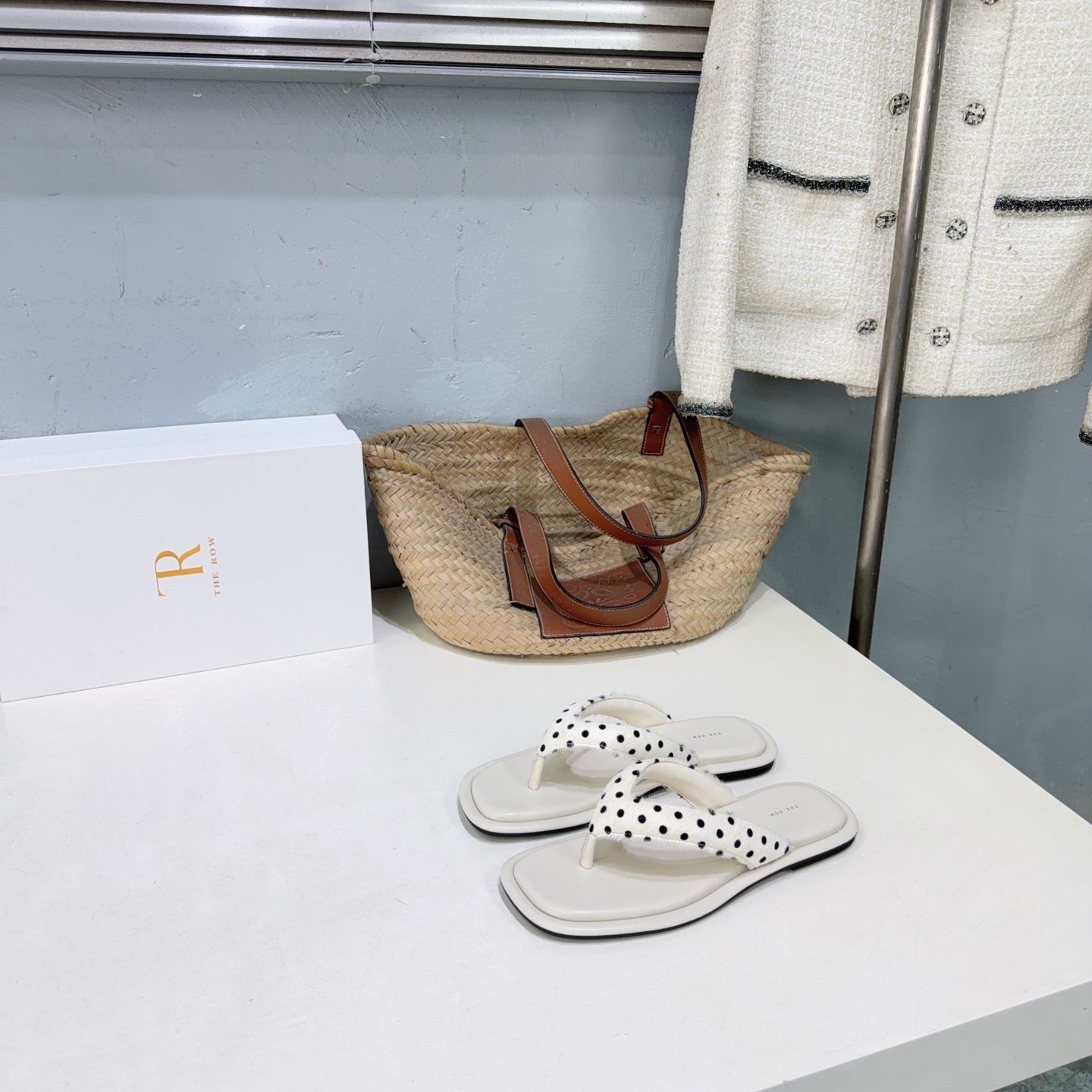 THE ROW 26S THONG SANDALS IN IVORY WHITE CALFSKIN & POLKA DOT CALF HAIR STRAPS