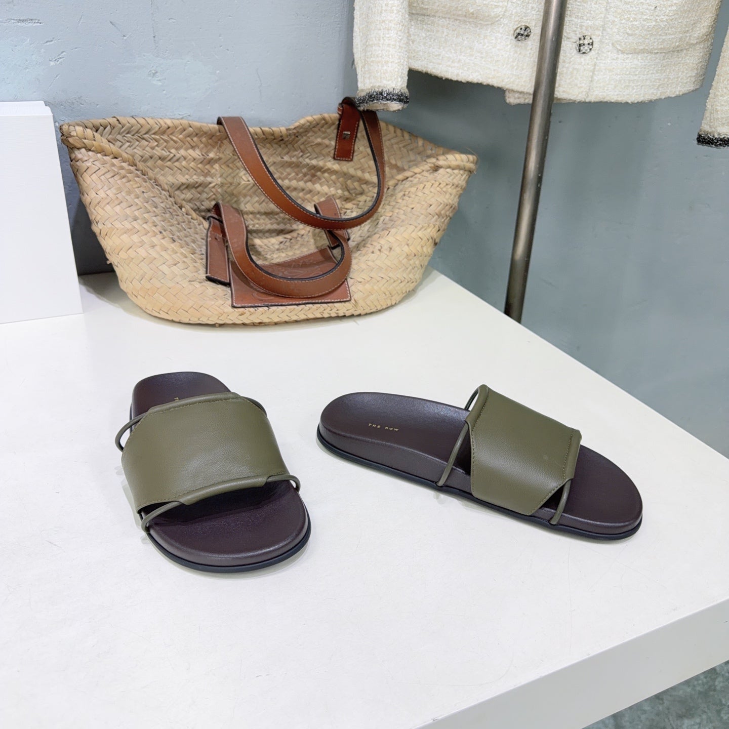 THE ROW 26S STRAP SLIDES IN OLIVE GREEN CALFSKIN