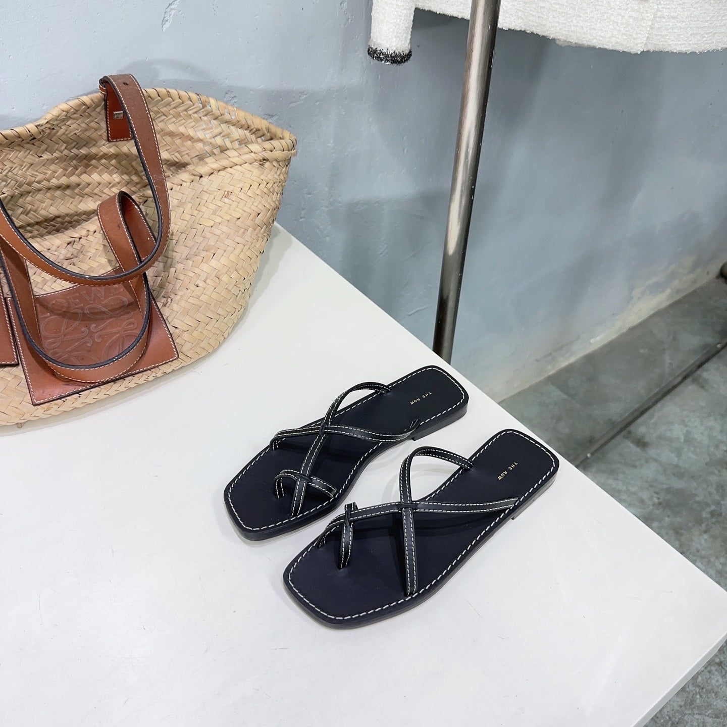 THE ROW 26S FLAT SANDALS IN BLACK CALFSKIN