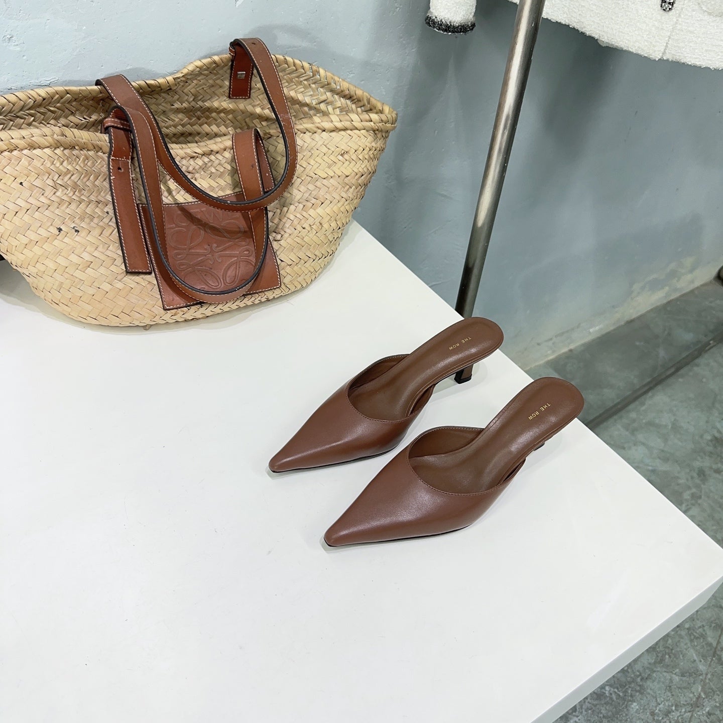 THE ROW 26S POINTED TOE MULE HEELS 45MM IN BROWN CALFSKIN