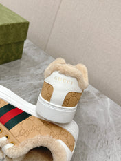 GG ACE SNEAKER WITH WEB IN BEIGE EMBOSSED SUEDE AND WOOL LINING