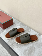 LP 26S LOCK MULE SLIDES IN OLIVE GREEN CALFSKIN SILVER HARDWARE