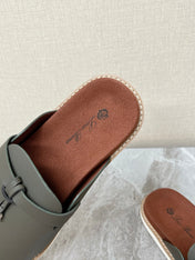 LP 26S LOCK MULE SLIDES IN OLIVE GREEN CALFSKIN SILVER HARDWARE