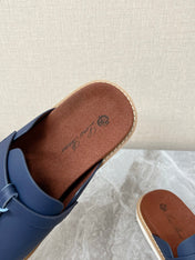 LP 26S LOCK MULE SLIDES IN DARK BLUE CALFSKIN SILVER HARDWARE