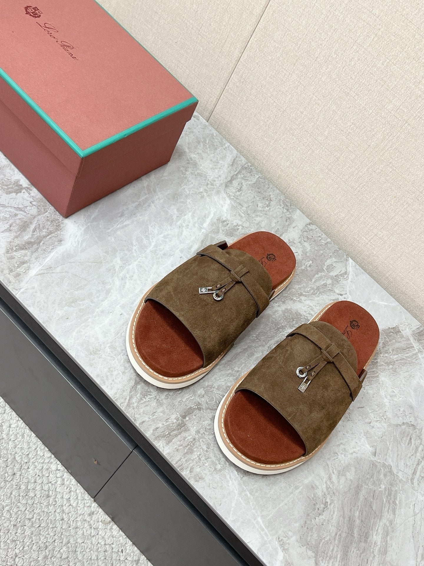 LP 26S LOCK MULE SLIDES IN OLIVE BROWN SUEDE SILVER HARDWARE