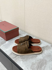 LP 26S LOCK MULE SLIDES IN OLIVE BROWN SUEDE SILVER HARDWARE