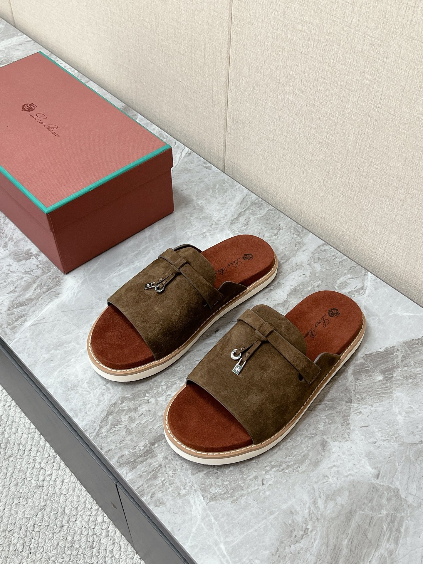 LP 26S LOCK MULE SLIDES IN OLIVE BROWN SUEDE SILVER HARDWARE