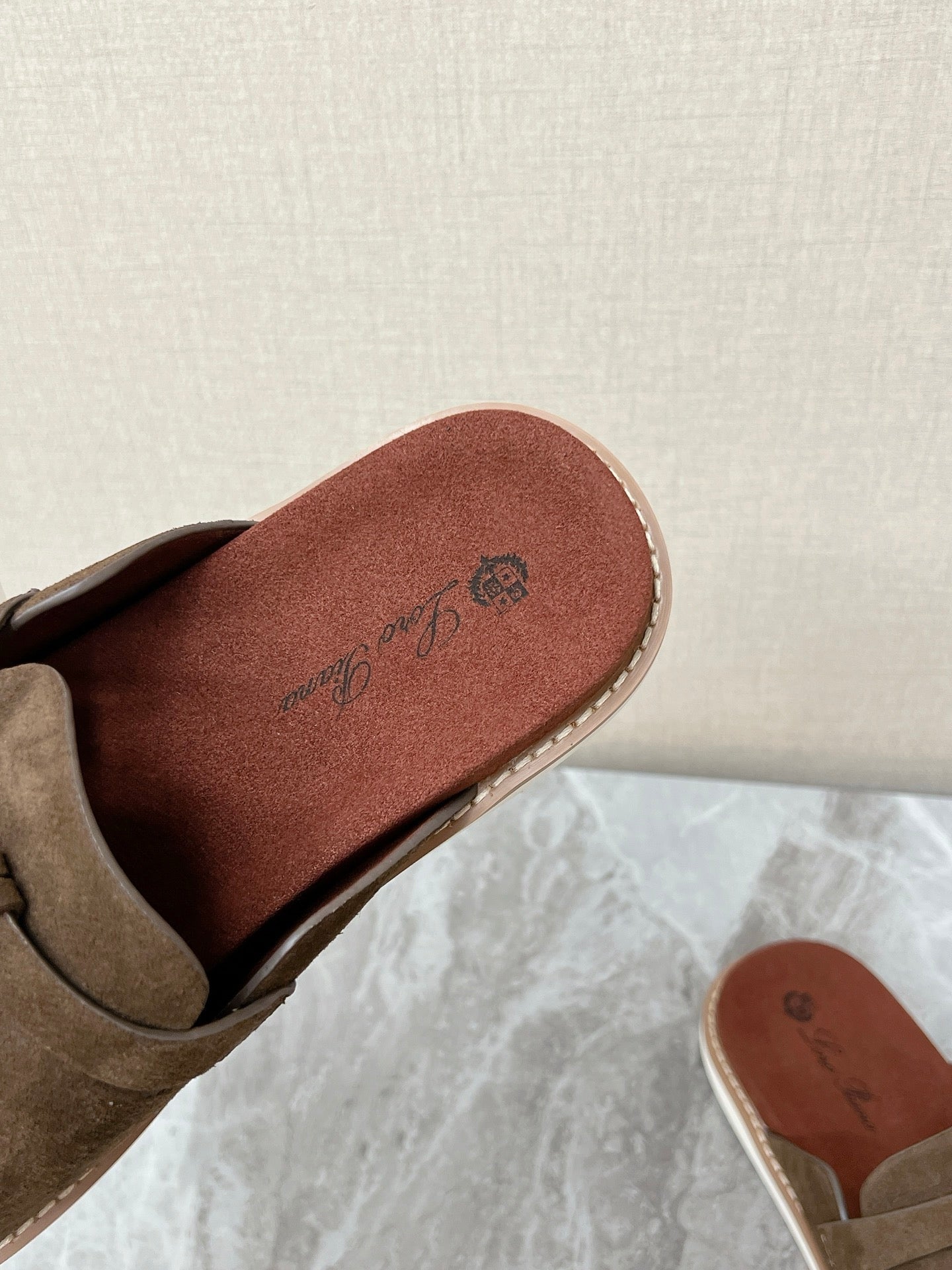 LP 26S LOCK MULE SLIDES IN OLIVE BROWN SUEDE SILVER HARDWARE