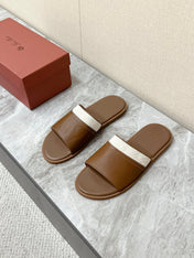 LP 26S SLIDES SANDAL IN BROWN CALFSKIN AND IVORY WHITE CANVAS