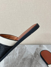 LP 26S SLIDES SANDAL IN BLACK GRAINED CALFSKIN AND IVORY WHITE CANVAS