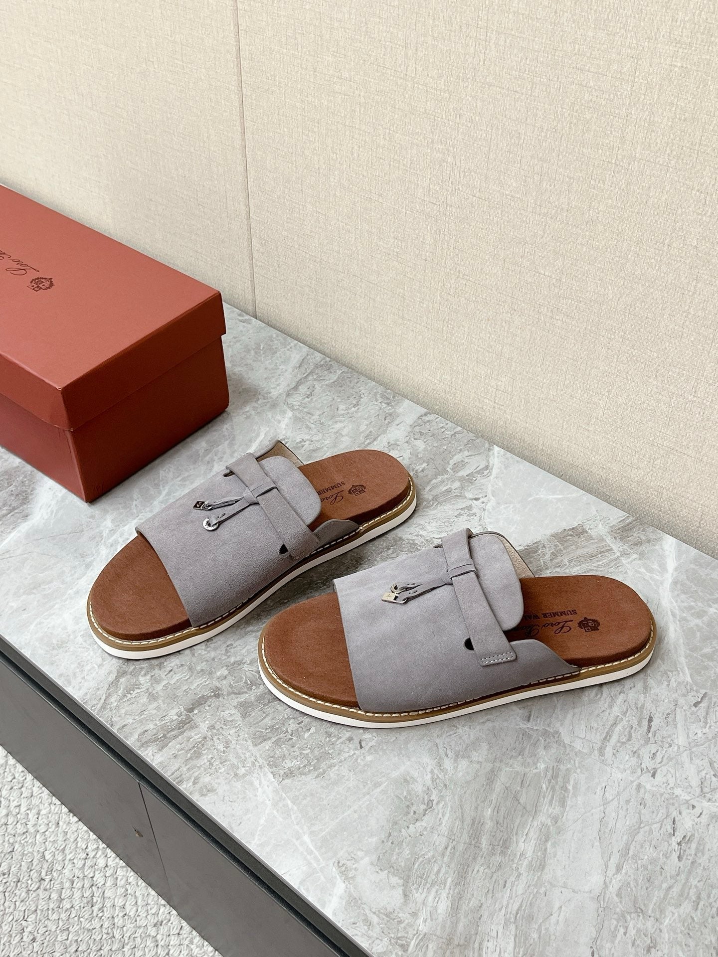 LP 26S LOCK CHARM SLIDES IN GREY SUEDE SILVER HARDWARE