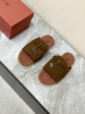 LP 26S LOCK CHARM SLIDES IN DARK BROWN SUEDE SILVER HARDWARE