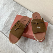 LP 26S LOCK CHARM SLIDES IN DARK BROWN SUEDE SILVER HARDWARE