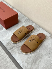LP 26S LOCK CHARM SLIDES IN OLIVE BROWN SUEDE SILVER HARDWARE
