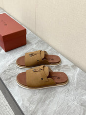 LP 26S LOCK CHARM SLIDES IN OLIVE BROWN SUEDE SILVER HARDWARE