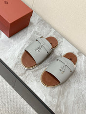 LP 26S LOCK CHARM SLIDES IN GREY CALFSKIN SILVER HARDWARE