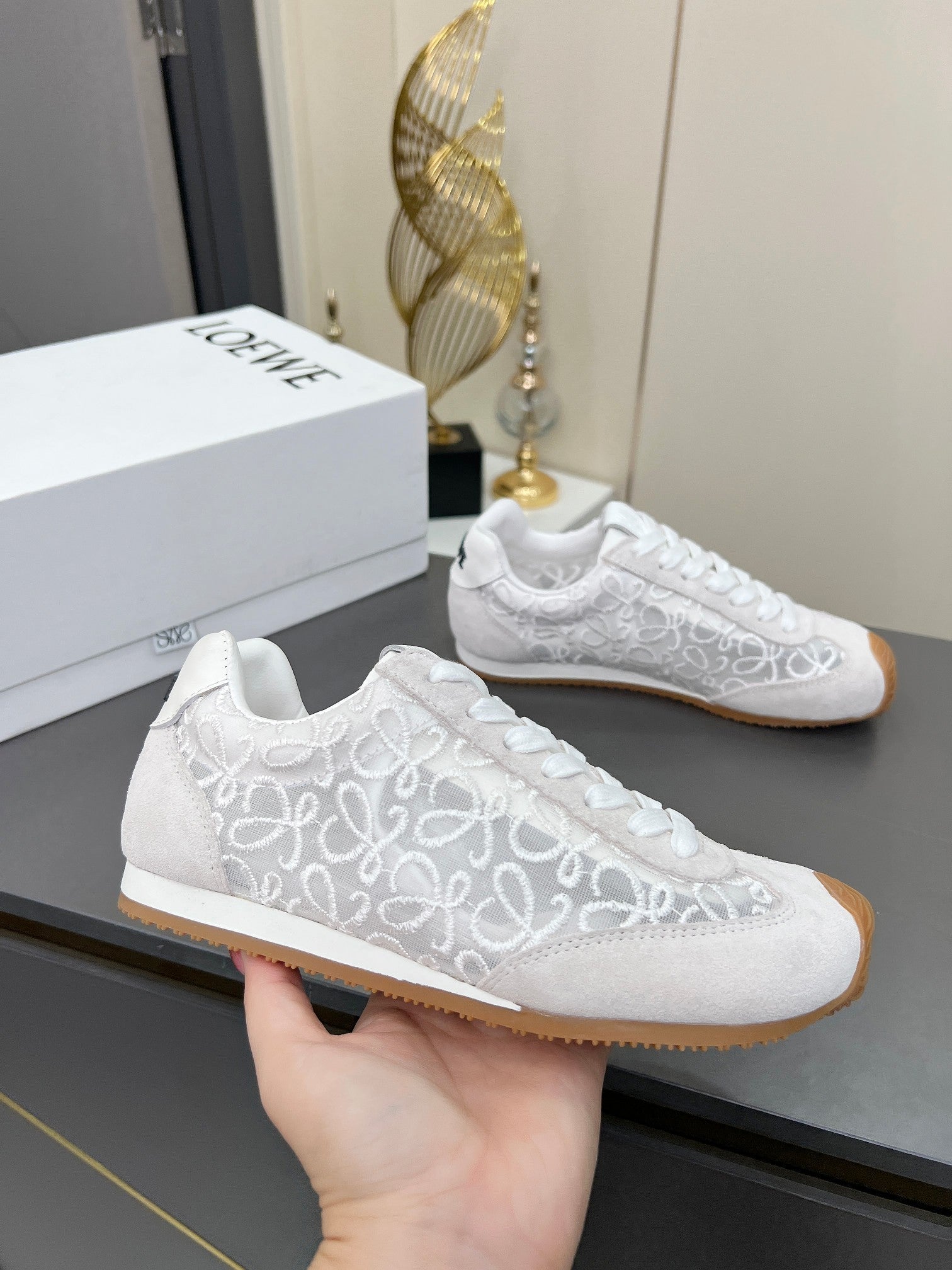 LOEWE 26S RUNNER 2.0 SNEAKERS IN WHITE SUEDE AND ANAGRAM JACQUARD