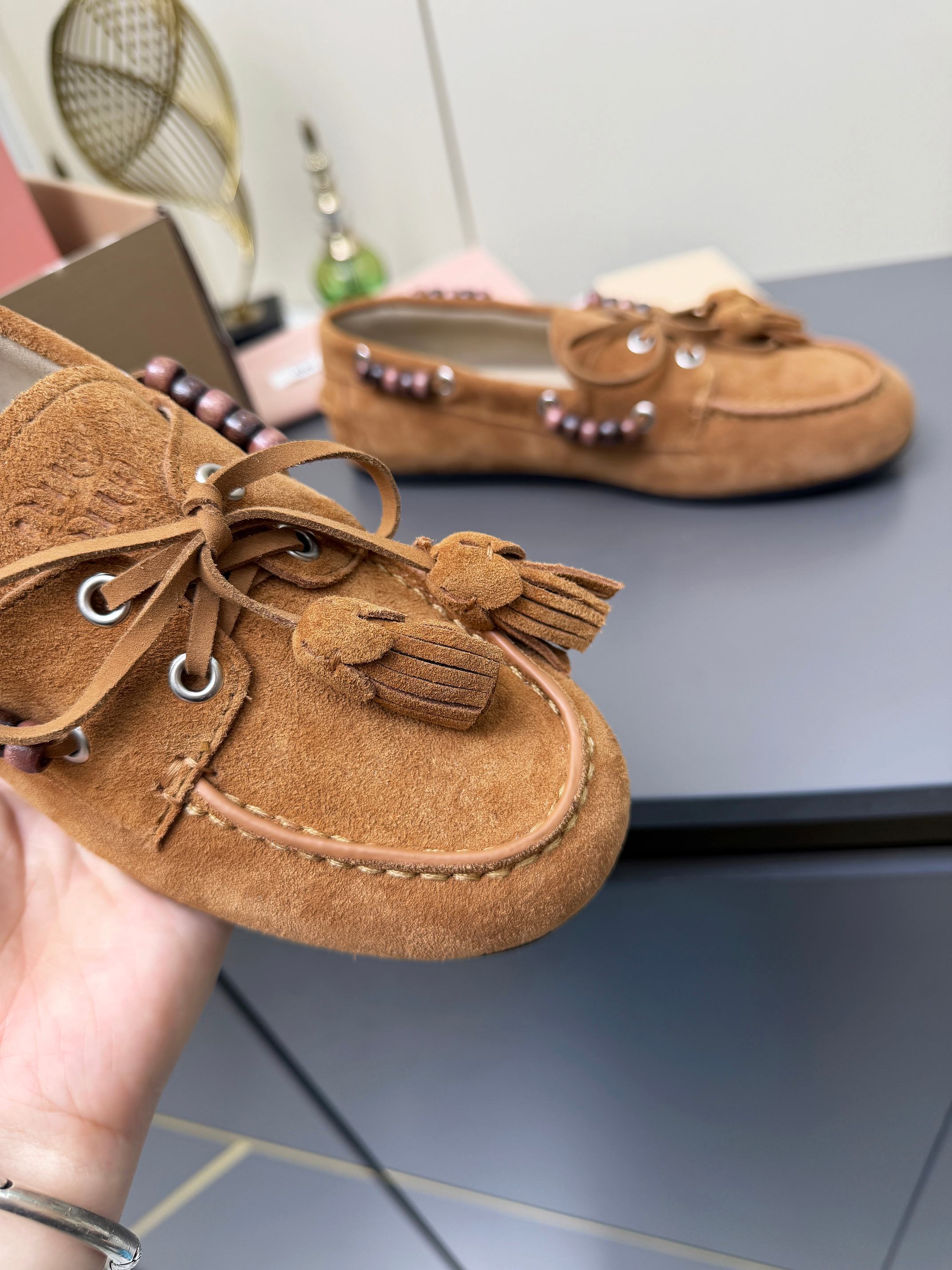 MIUMIU 26S TASSEL LOAFERS IN CARAMEL BROWN SUEDE BEADED TRIM