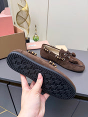 MIUMIU 26S TASSEL LOAFERS IN DARK BROWN SUEDE BEADED TRIM