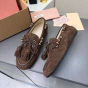 MIUMIU 26S TASSEL LOAFERS IN DARK BROWN SUEDE BEADED TRIM
