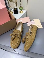 MIUMIU 26S TASSEL LOAFERS IN OLIVE BROWN SUEDE BEADED TRIM